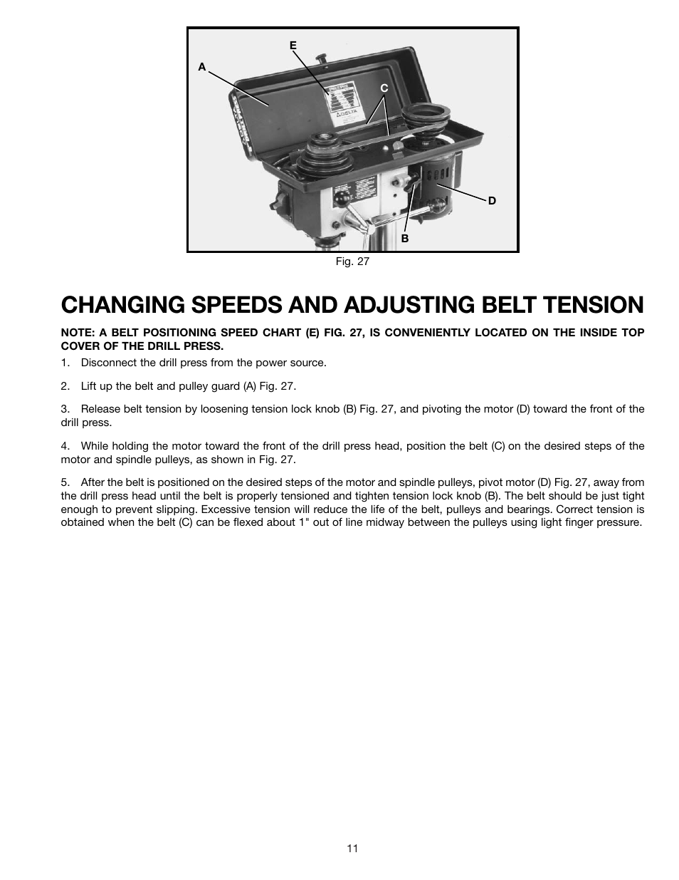 Changing speeds and adjusting belt tension | Delta 900585 User Manual | Page 11 / 16