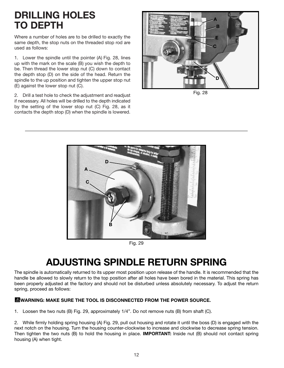 Drilling holes to depth, Adjusting spindle return spring | Delta 900585 User Manual | Page 12 / 16