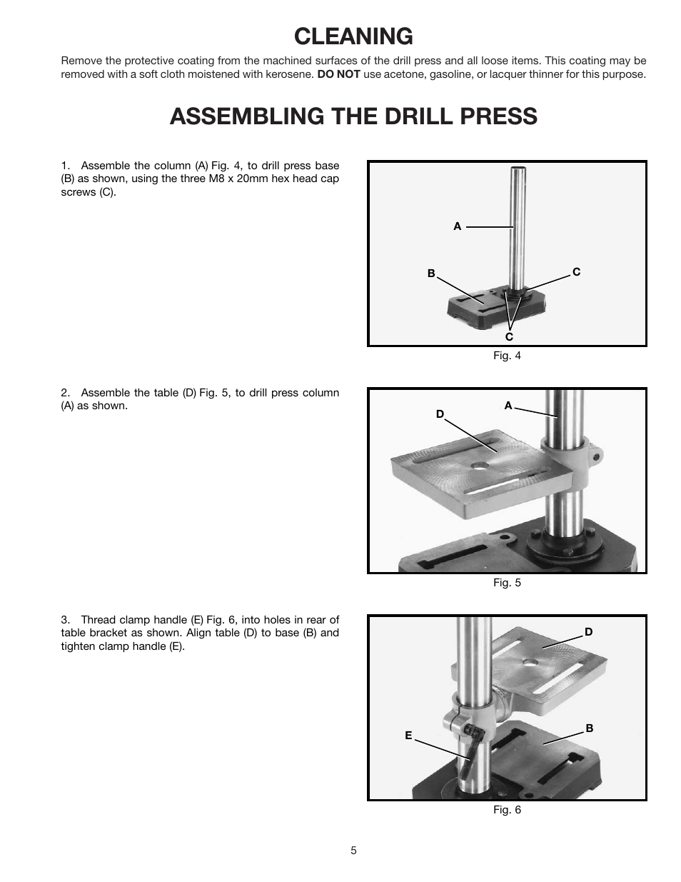 Cleaning, Assembling the drill press | Delta 900585 User Manual | Page 5 / 16