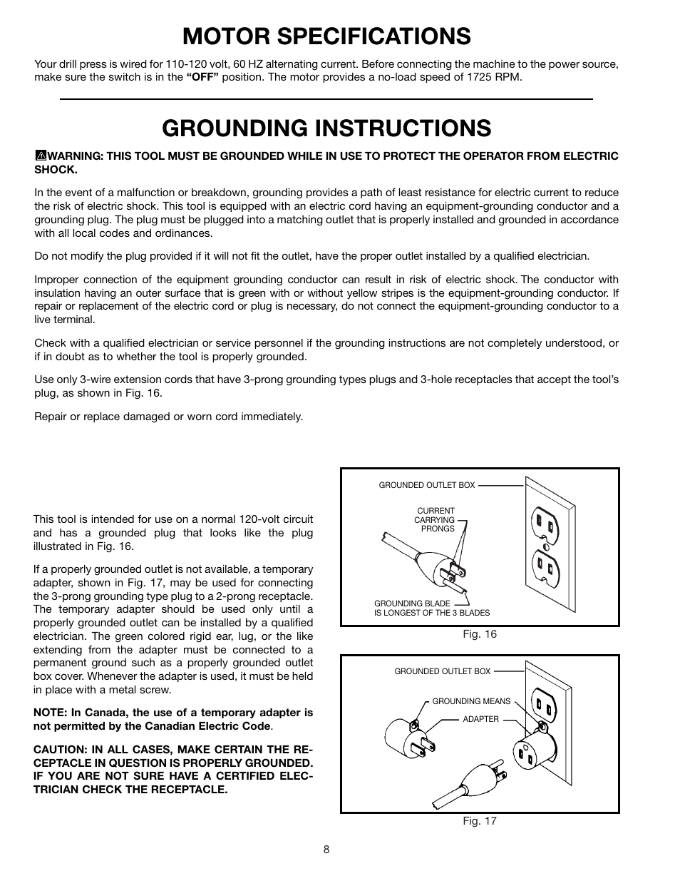 Motor specifications, Grounding instructions | Delta 900585 User Manual | Page 8 / 16