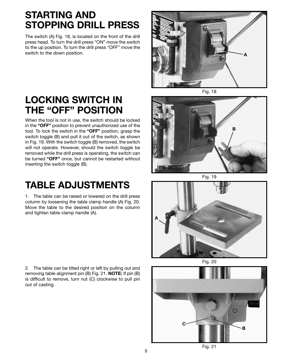 Starting and stopping drill press, Locking switch in the “off” position, Table adjustments | Delta 900585 User Manual | Page 9 / 16