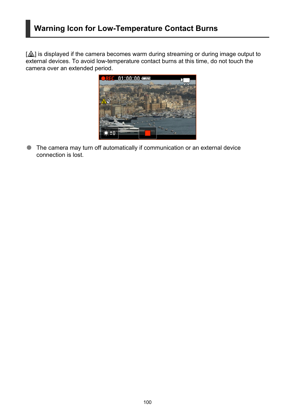 Warning icon for low-temperature contact burns | Canon PowerShot V10 Vlog Camera (Black) User Manual | Page 100 / 288