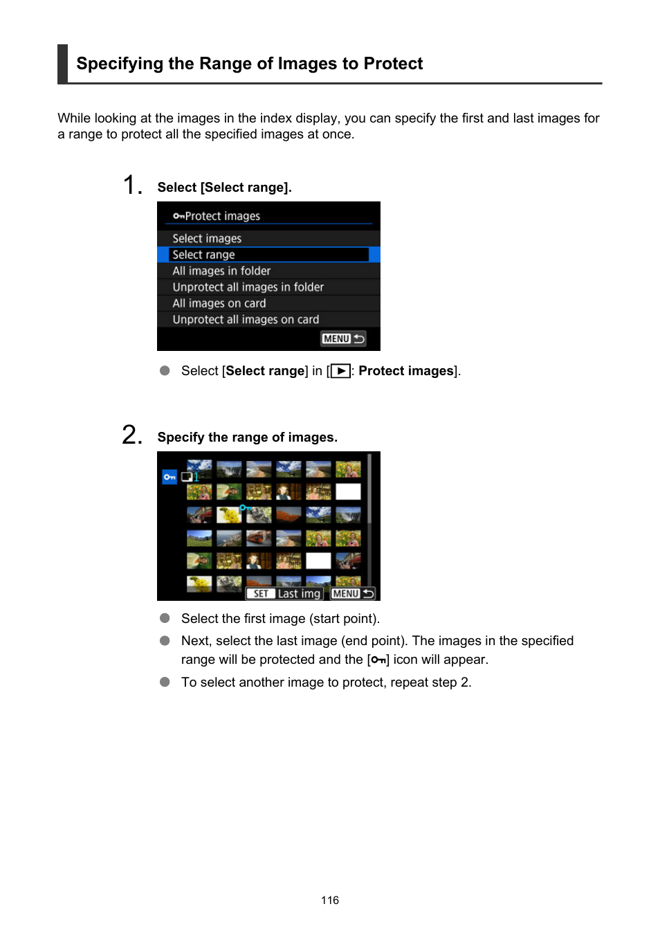 Specifying the range of images to protect | Canon PowerShot V10 Vlog Camera (Black) User Manual | Page 116 / 288