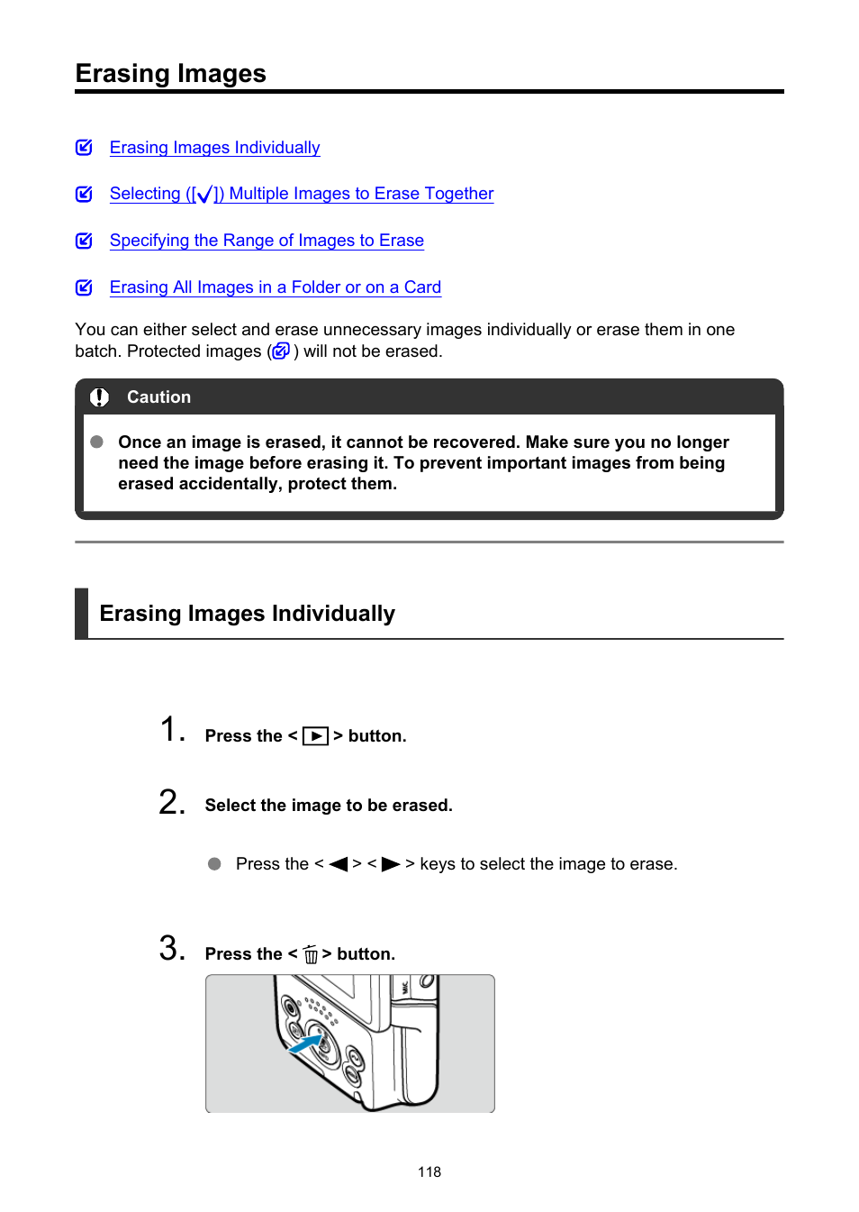 Erasing images, Erase images | Canon PowerShot V10 Vlog Camera (Black) User Manual | Page 118 / 288