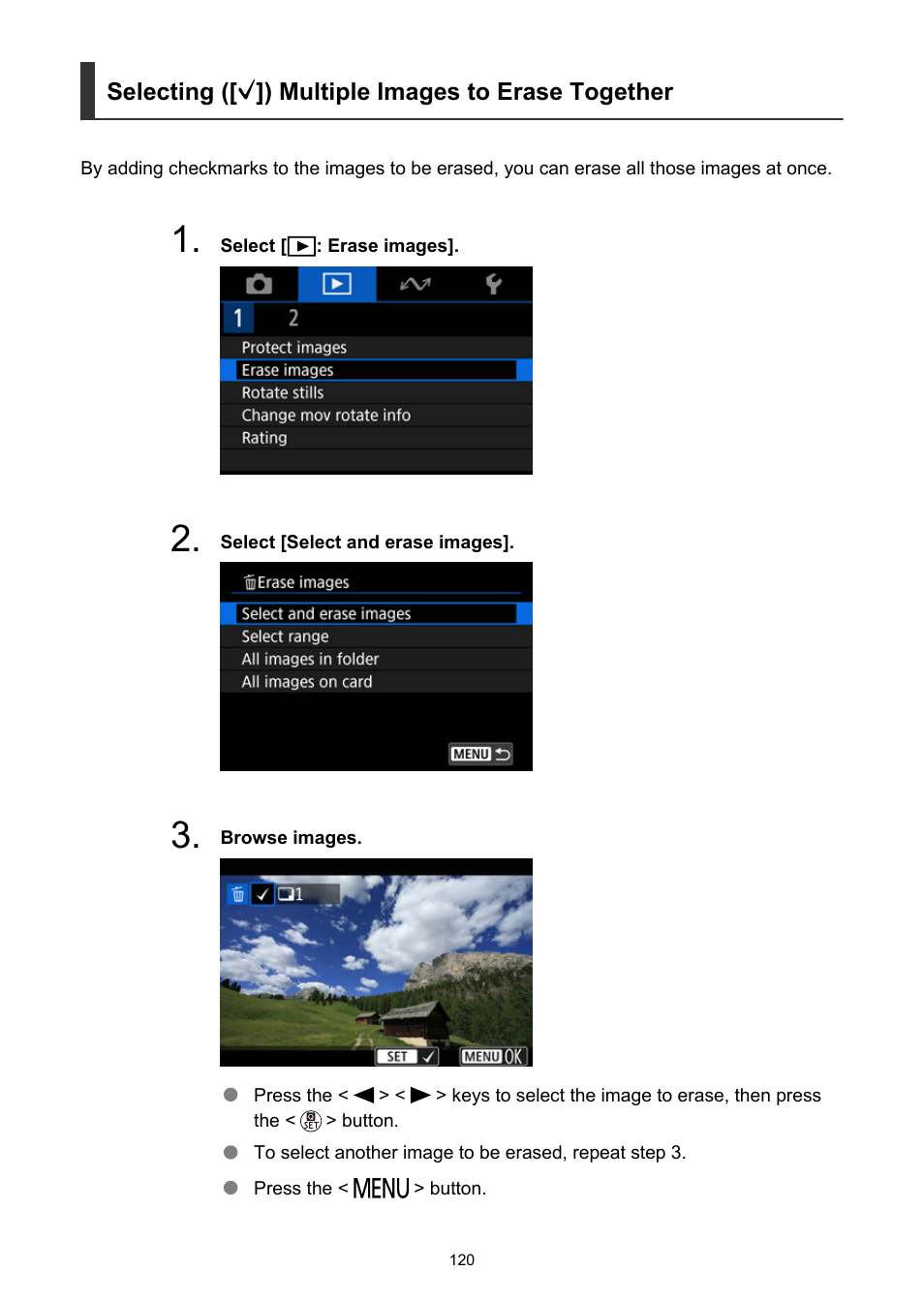 Selecting ([ ]) multiple images to erase together | Canon PowerShot V10 Vlog Camera (Black) User Manual | Page 120 / 288