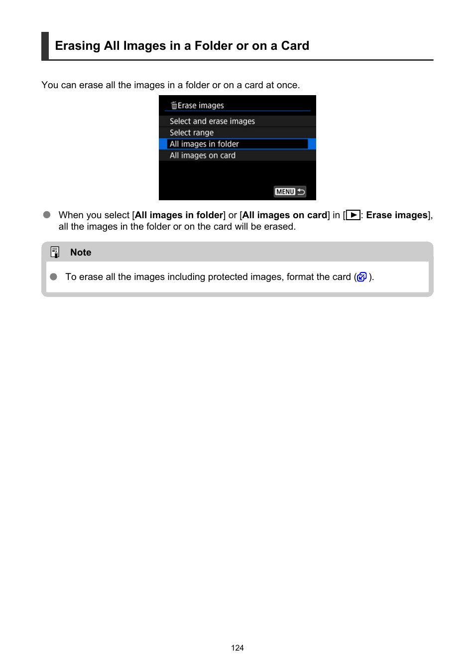 If you erase all the images, Only the protected images will remain. this is, Erasing all images in a folder or on a card | Canon PowerShot V10 Vlog Camera (Black) User Manual | Page 124 / 288