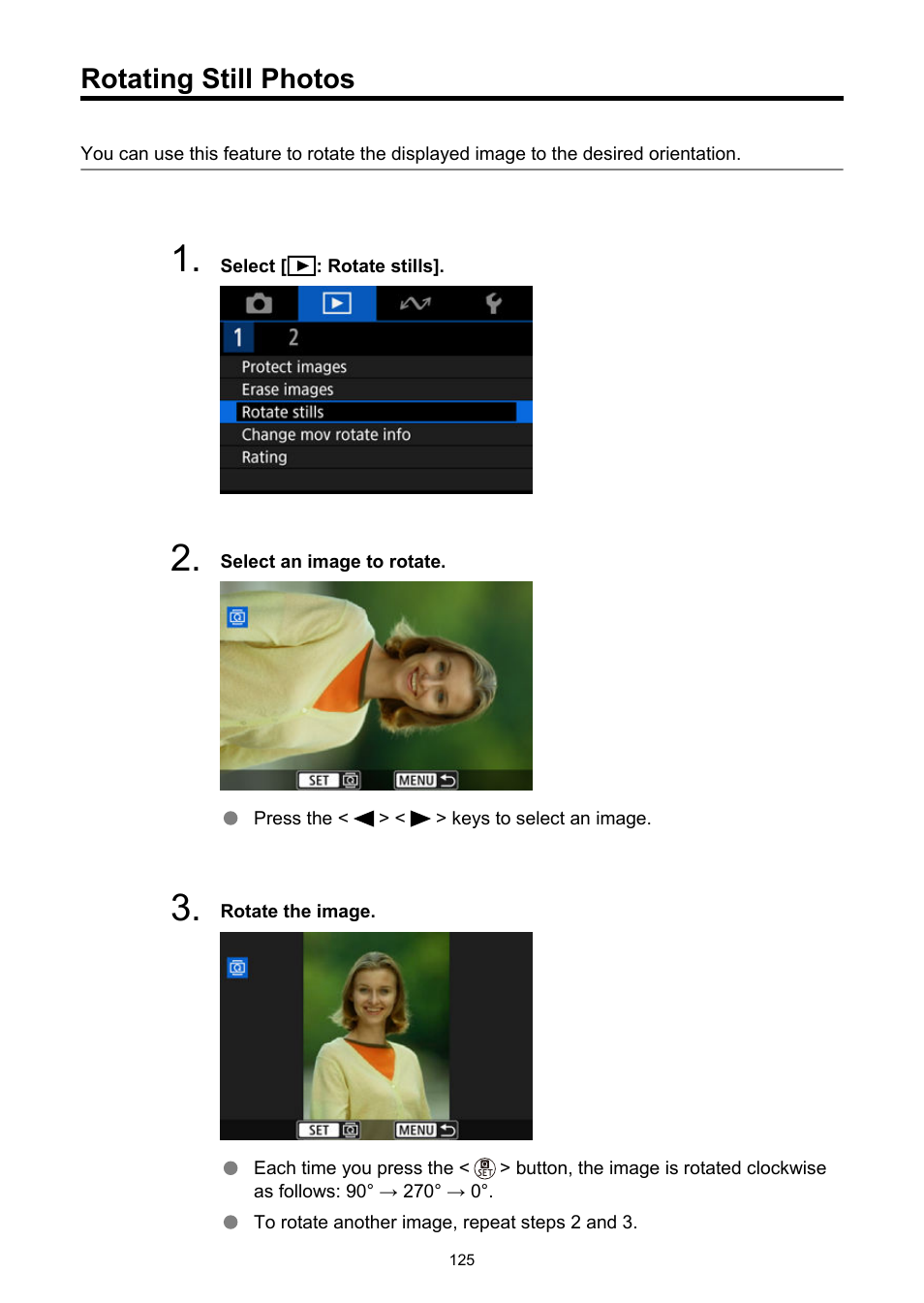Rotating still photos, Rotate stills | Canon PowerShot V10 Vlog Camera (Black) User Manual | Page 125 / 288
