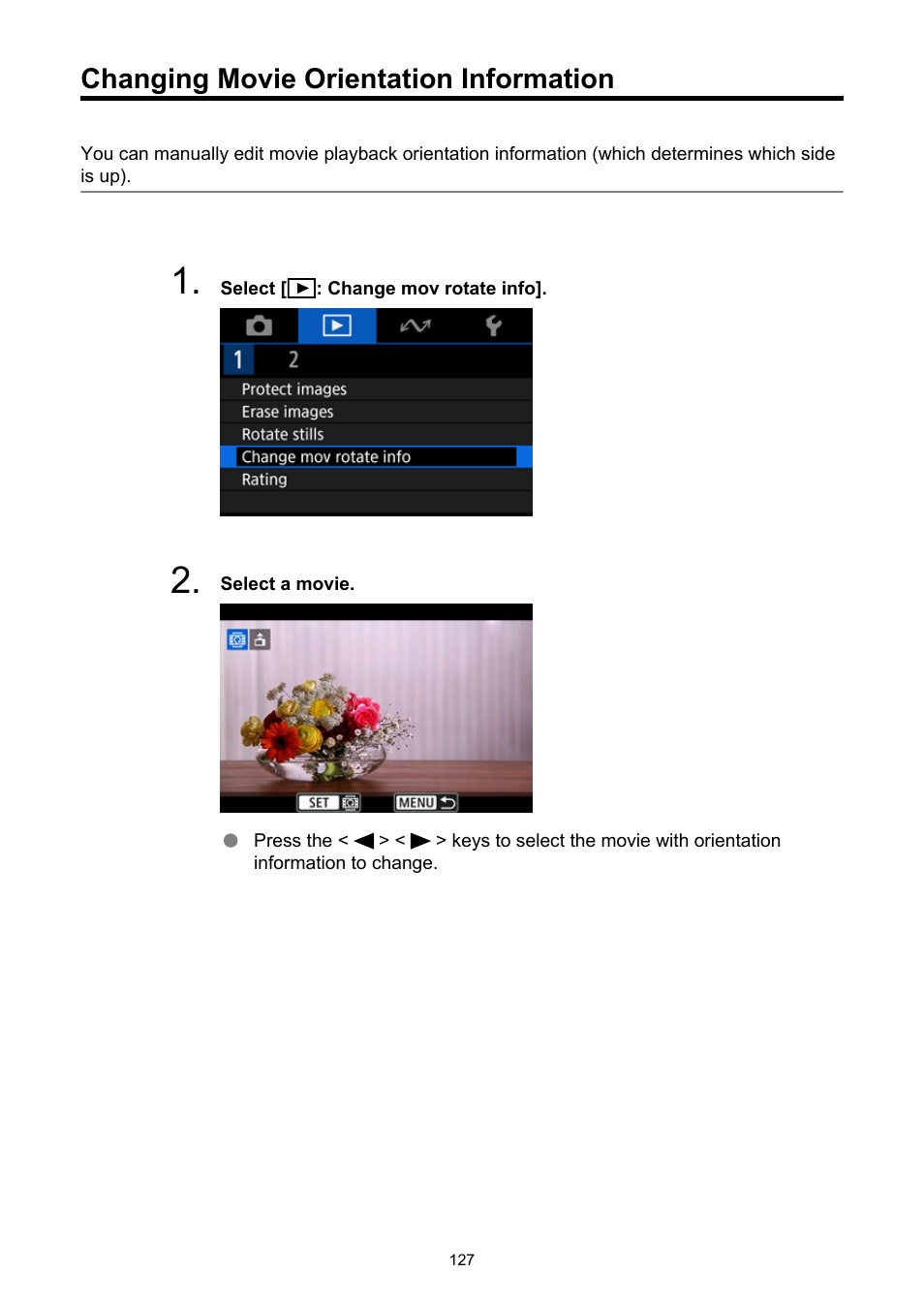 Changing movie orientation information, Change mov rotate info | Canon PowerShot V10 Vlog Camera (Black) User Manual | Page 127 / 288