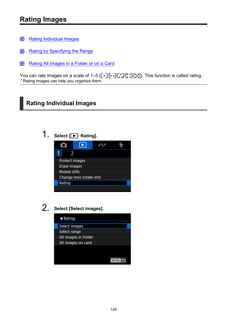 Rating images, Rating | Canon PowerShot V10 Vlog Camera (Black) User Manual | Page 129 / 288