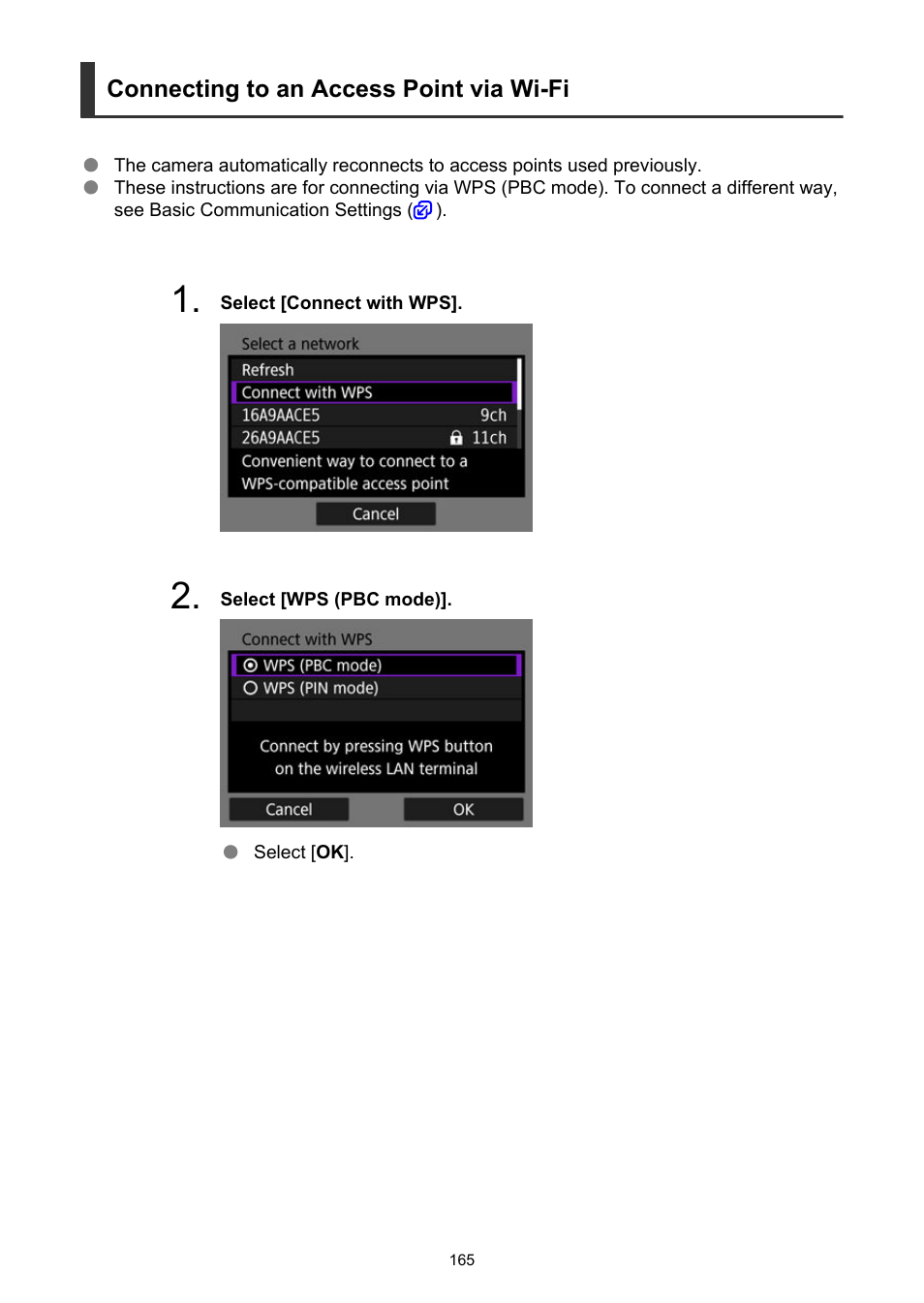 Connecting to an access point via wi-fi | Canon PowerShot V10 Vlog Camera (Black) User Manual | Page 165 / 288