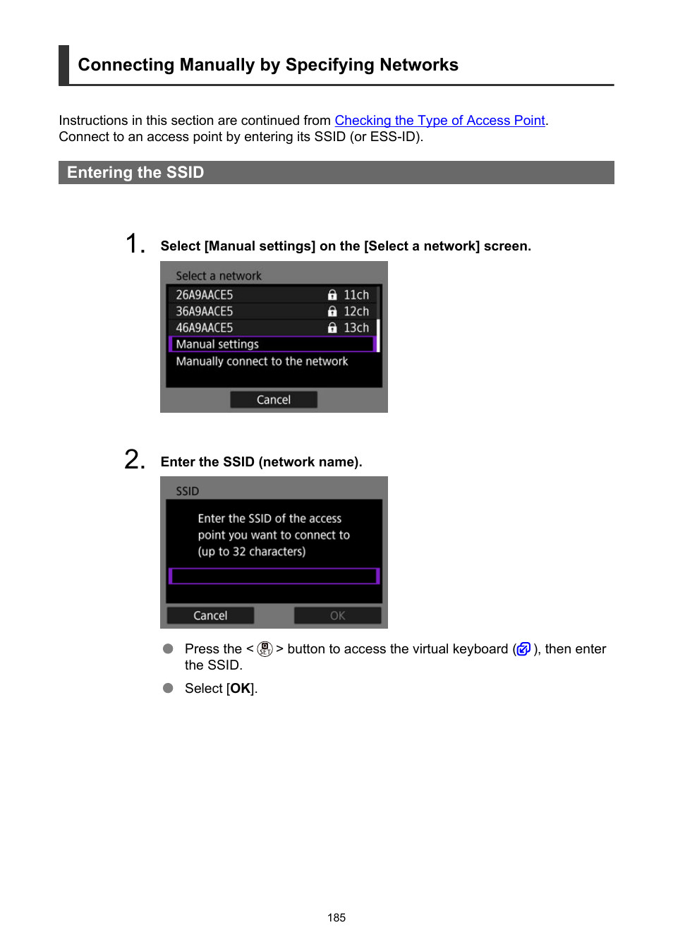Connecting manually by specifying networks | Canon PowerShot V10 Vlog Camera (Black) User Manual | Page 185 / 288