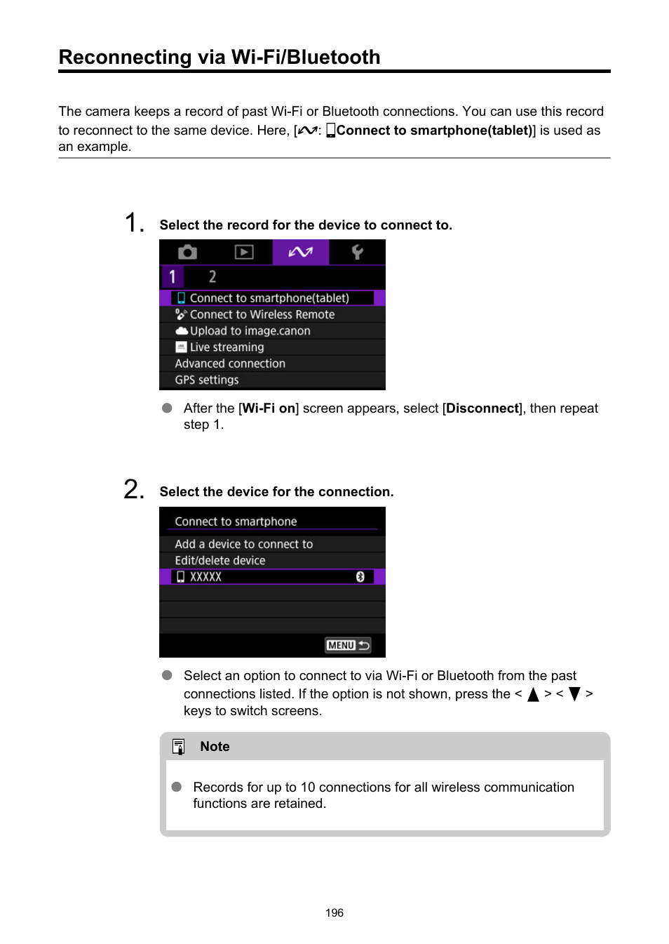 Reconnecting via wi-fi/bluetooth | Canon PowerShot V10 Vlog Camera (Black) User Manual | Page 196 / 288