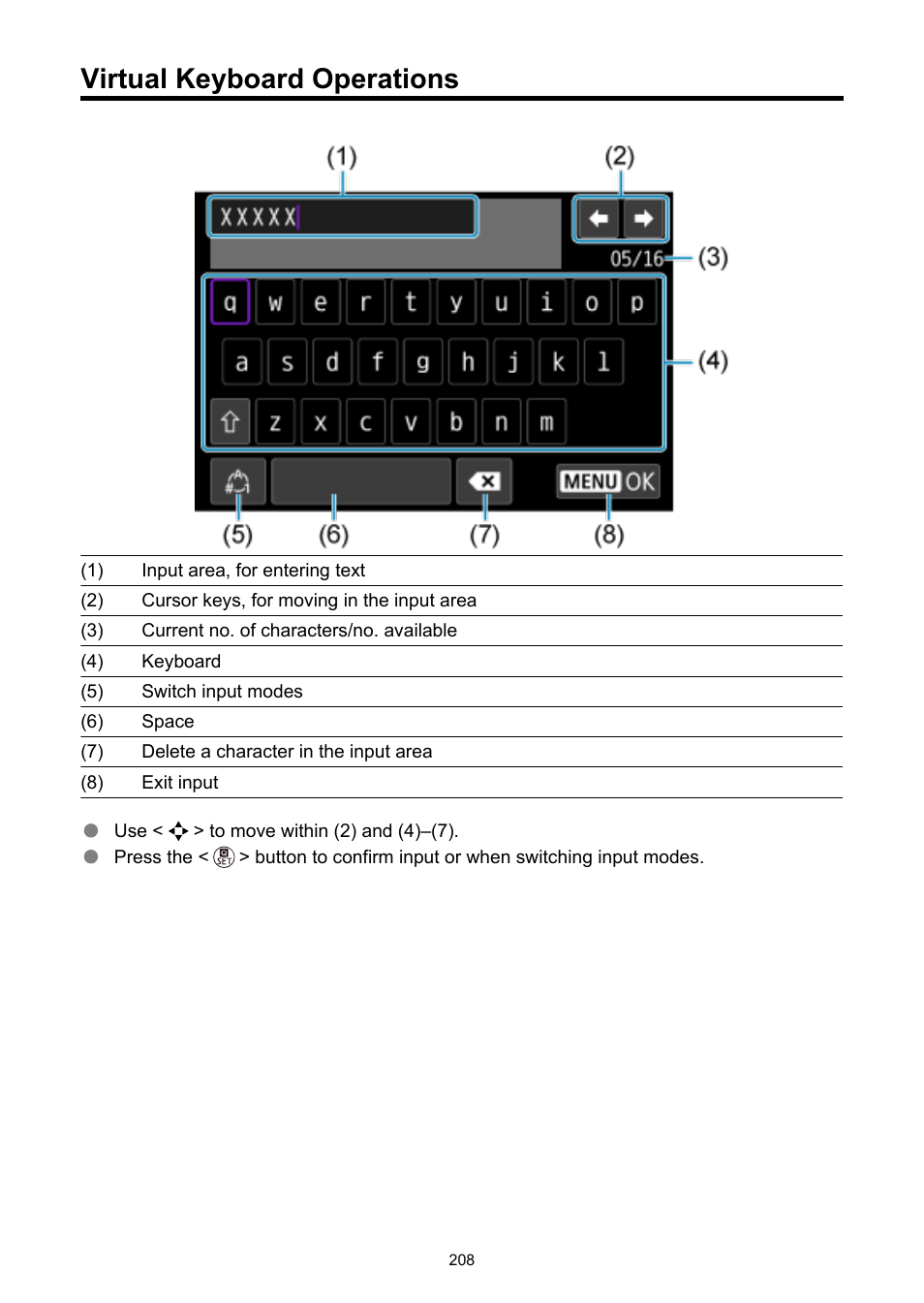 Virtual keyboard operations | Canon PowerShot V10 Vlog Camera (Black) User Manual | Page 208 / 288