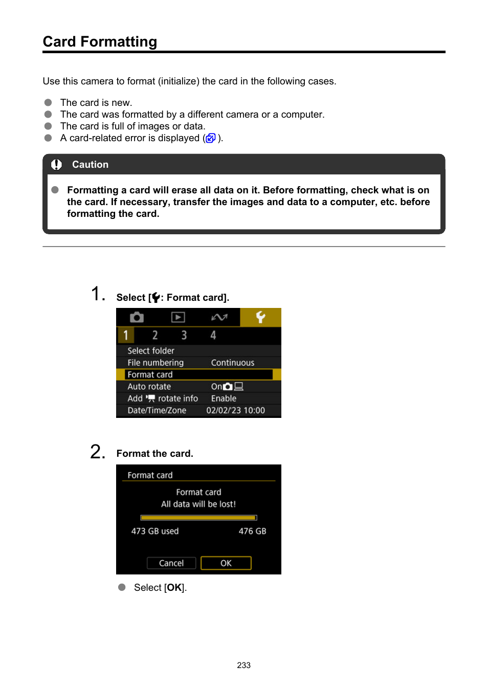 Card formatting, Before recording movies is recommended, If you format the card | The protected images will also be erased, Format card | Canon PowerShot V10 Vlog Camera (Black) User Manual | Page 233 / 288