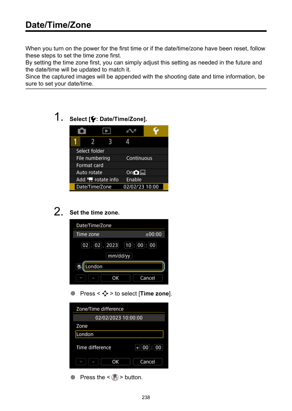 Date/time/zone, Date/time, Zone | Canon PowerShot V10 Vlog Camera (Black) User Manual | Page 238 / 288