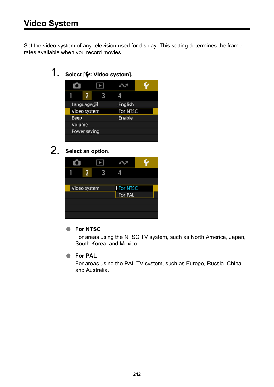 Video system, In areas where the tv video system is pal, see, To change the video system, see | Canon PowerShot V10 Vlog Camera (Black) User Manual | Page 242 / 288