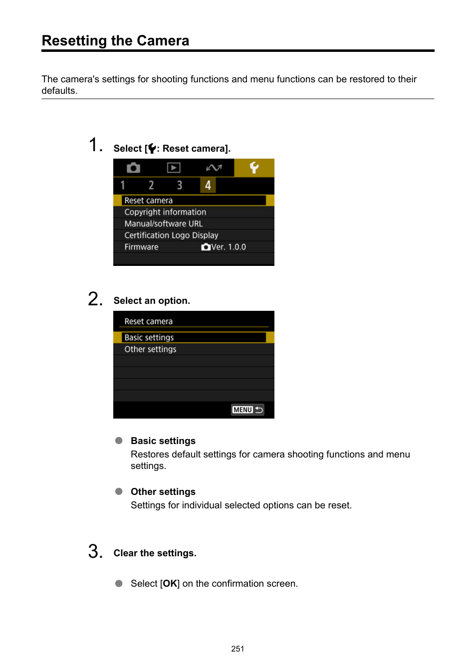 Resetting the camera, Reset camera | Canon PowerShot V10 Vlog Camera (Black) User Manual | Page 251 / 288