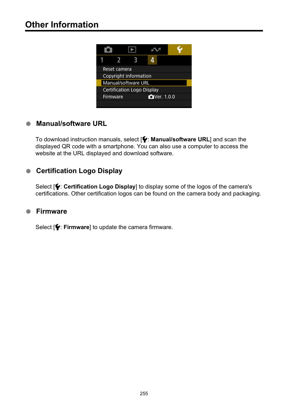 Other information, Manual/software url, Certification logo display | Firmware | Canon PowerShot V10 Vlog Camera (Black) User Manual | Page 255 / 288