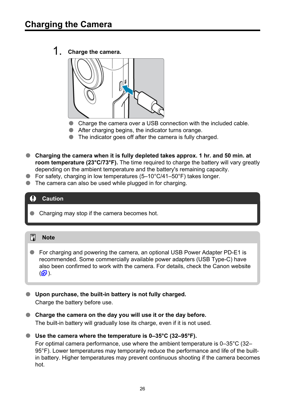 Charging the camera, Charge the camera, Charge the camera initially before use | Canon PowerShot V10 Vlog Camera (Black) User Manual | Page 26 / 288