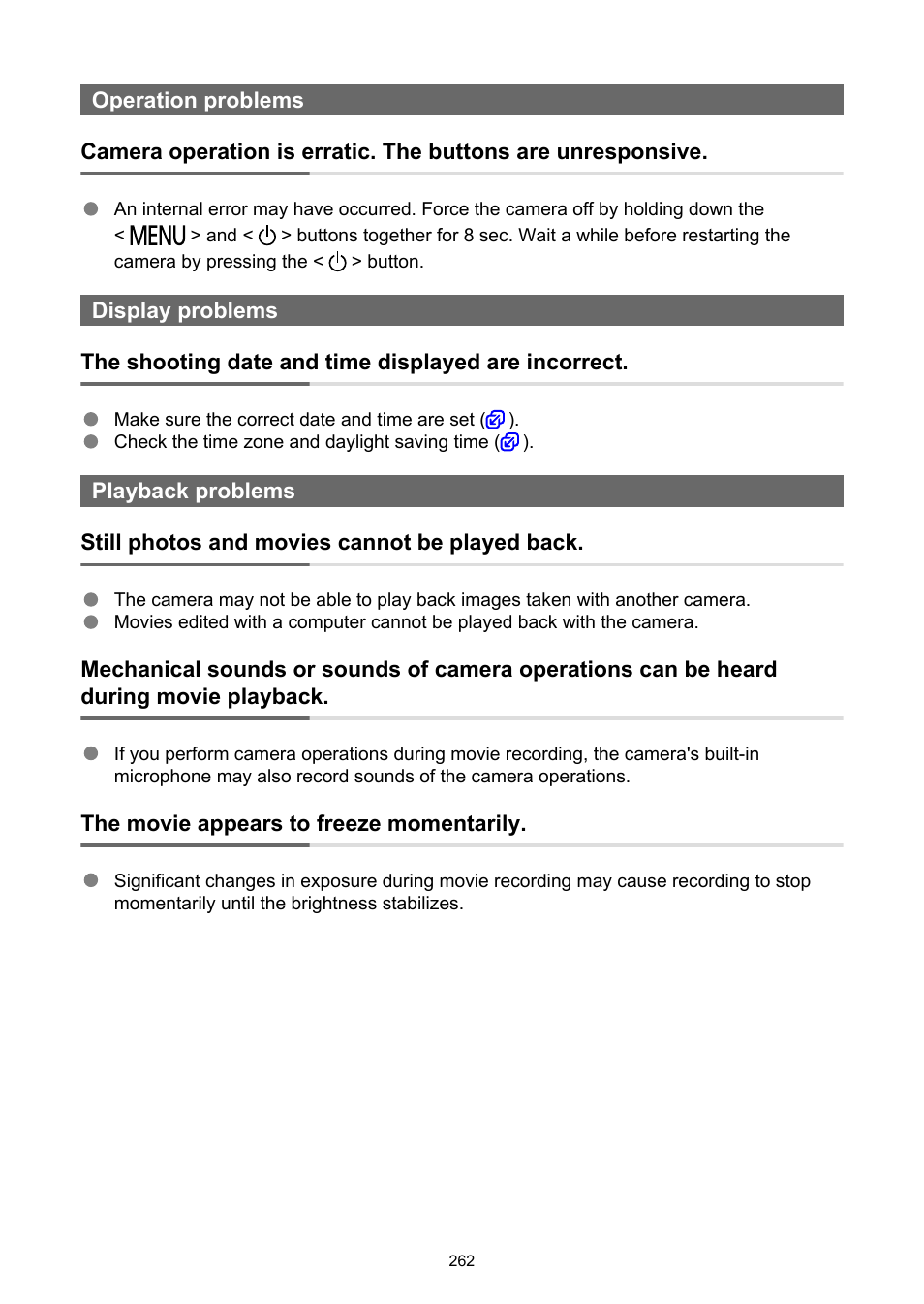 Operation problems, Display problems, Playback problems | Canon PowerShot V10 Vlog Camera (Black) User Manual | Page 262 / 288