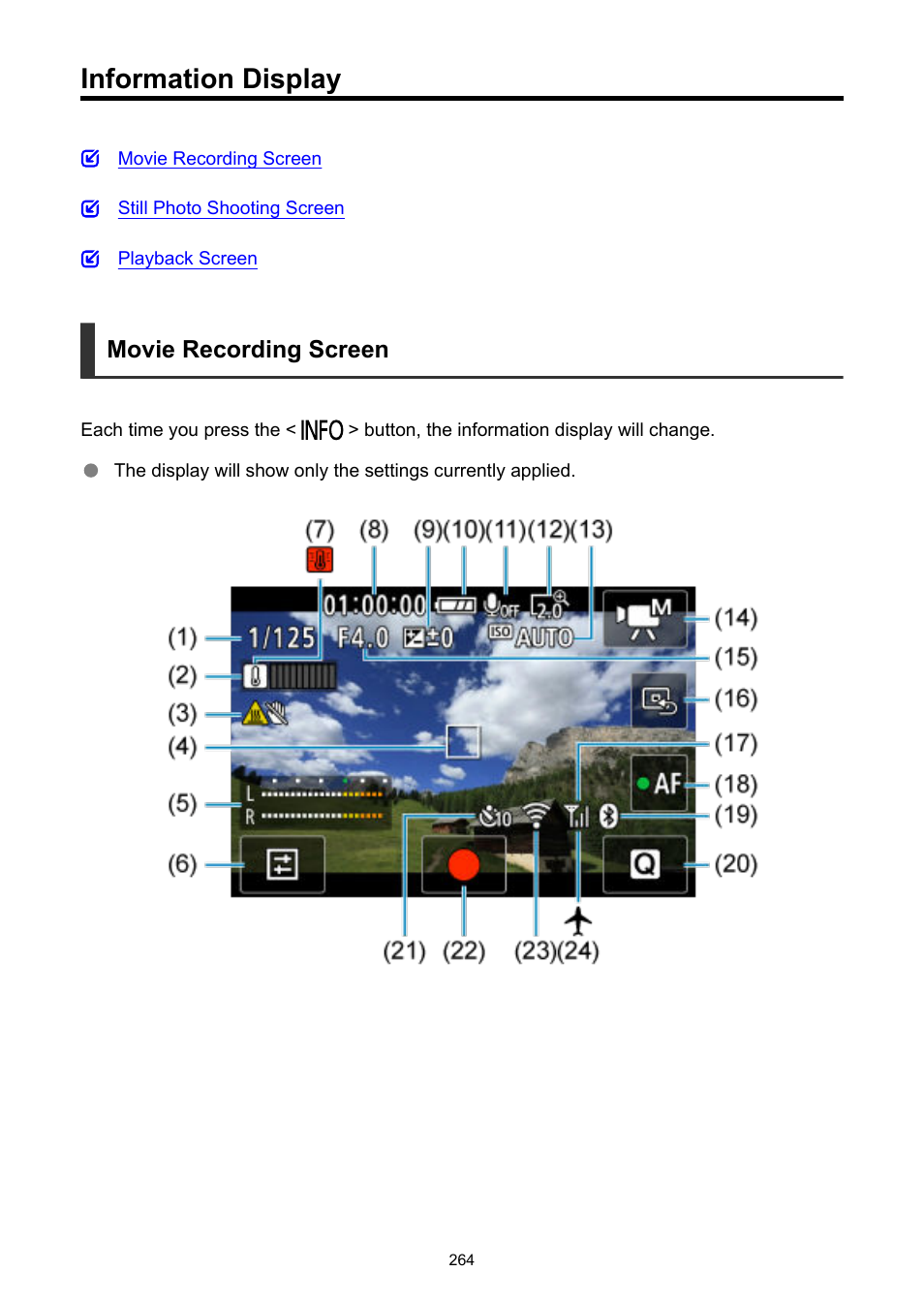 Information display, Movie recording screen | Canon PowerShot V10 Vlog Camera (Black) User Manual | Page 264 / 288