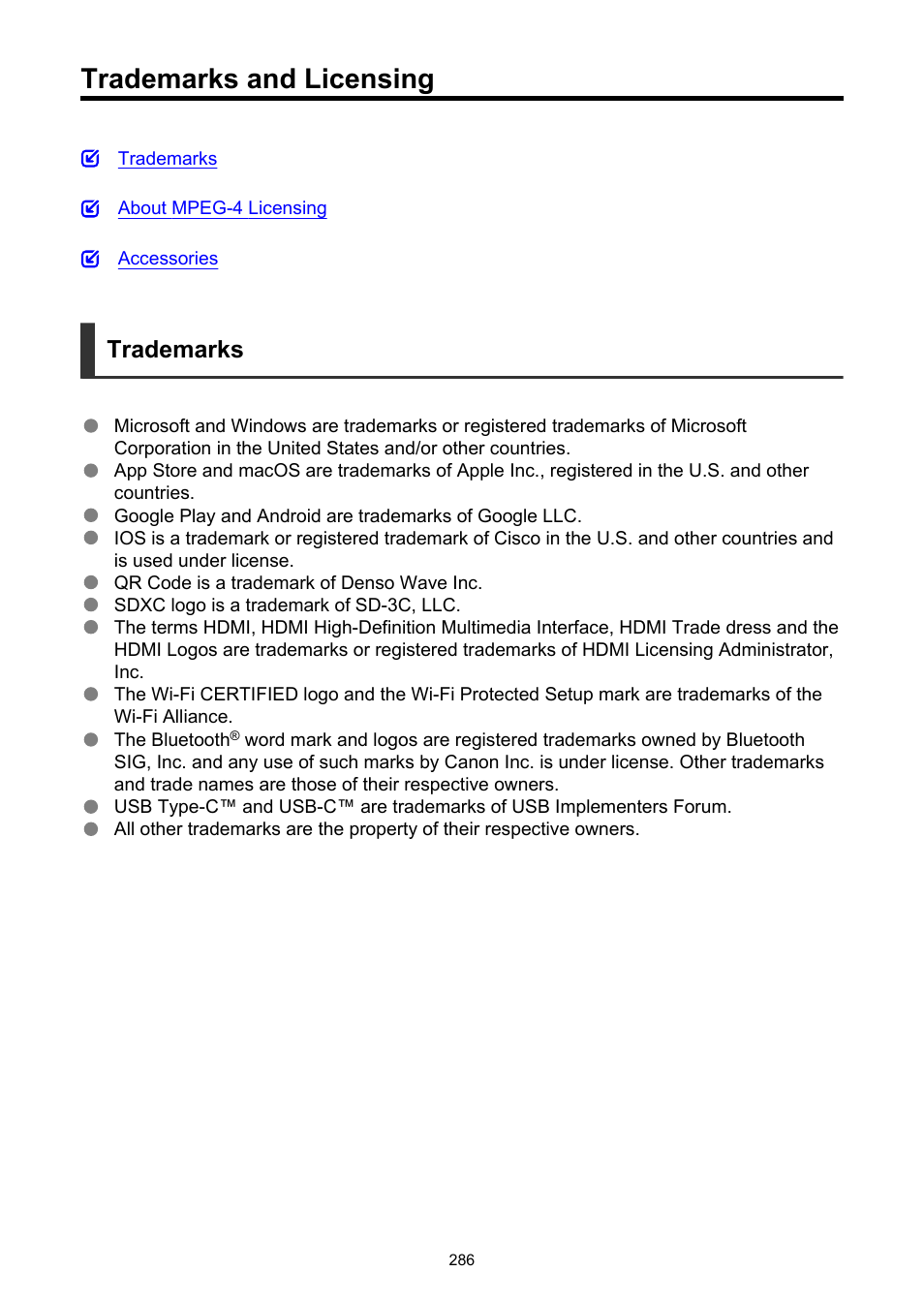 Trademarks and licensing, Trademarks | Canon PowerShot V10 Vlog Camera (Black) User Manual | Page 286 / 288