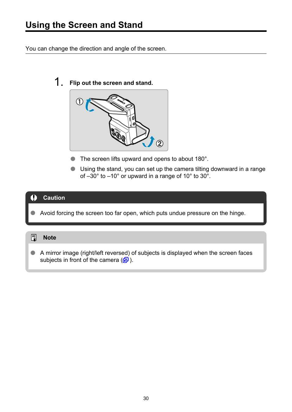 Using the screen and stand | Canon PowerShot V10 Vlog Camera (Black) User Manual | Page 30 / 288