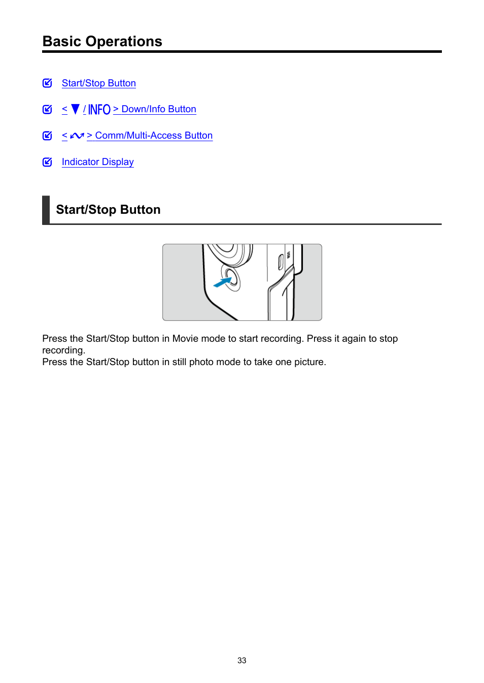Basic operations, Start/stop button | Canon PowerShot V10 Vlog Camera (Black) User Manual | Page 33 / 288
