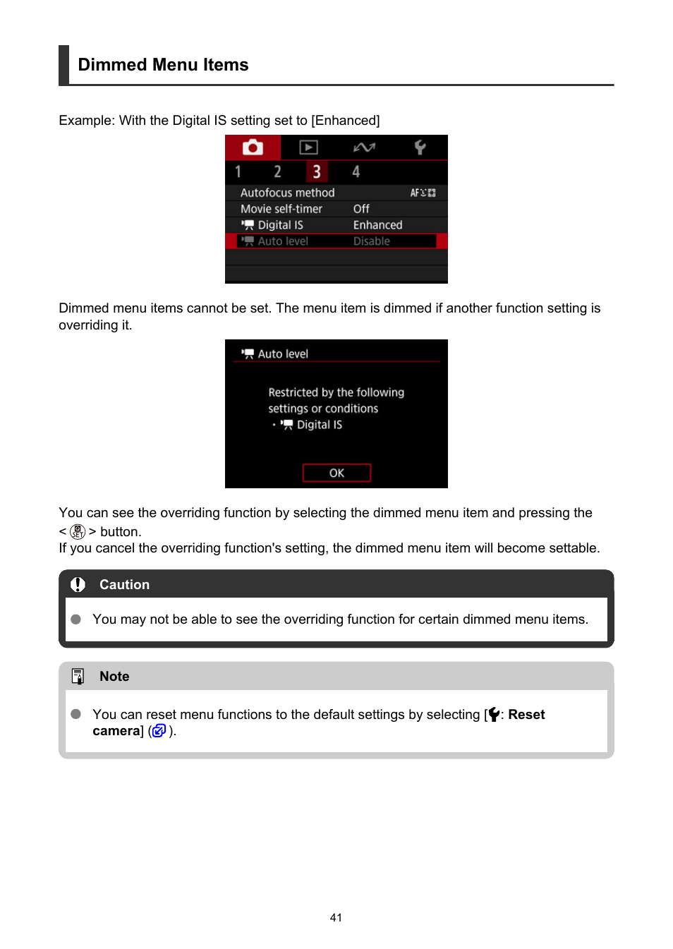 Dimmed menu items | Canon PowerShot V10 Vlog Camera (Black) User Manual | Page 41 / 288