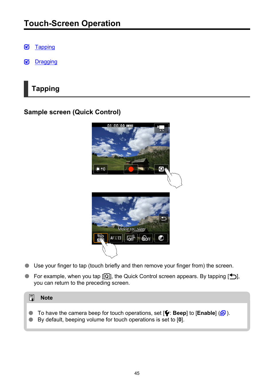 Touch-screen operation, Tapping | Canon PowerShot V10 Vlog Camera (Black) User Manual | Page 45 / 288