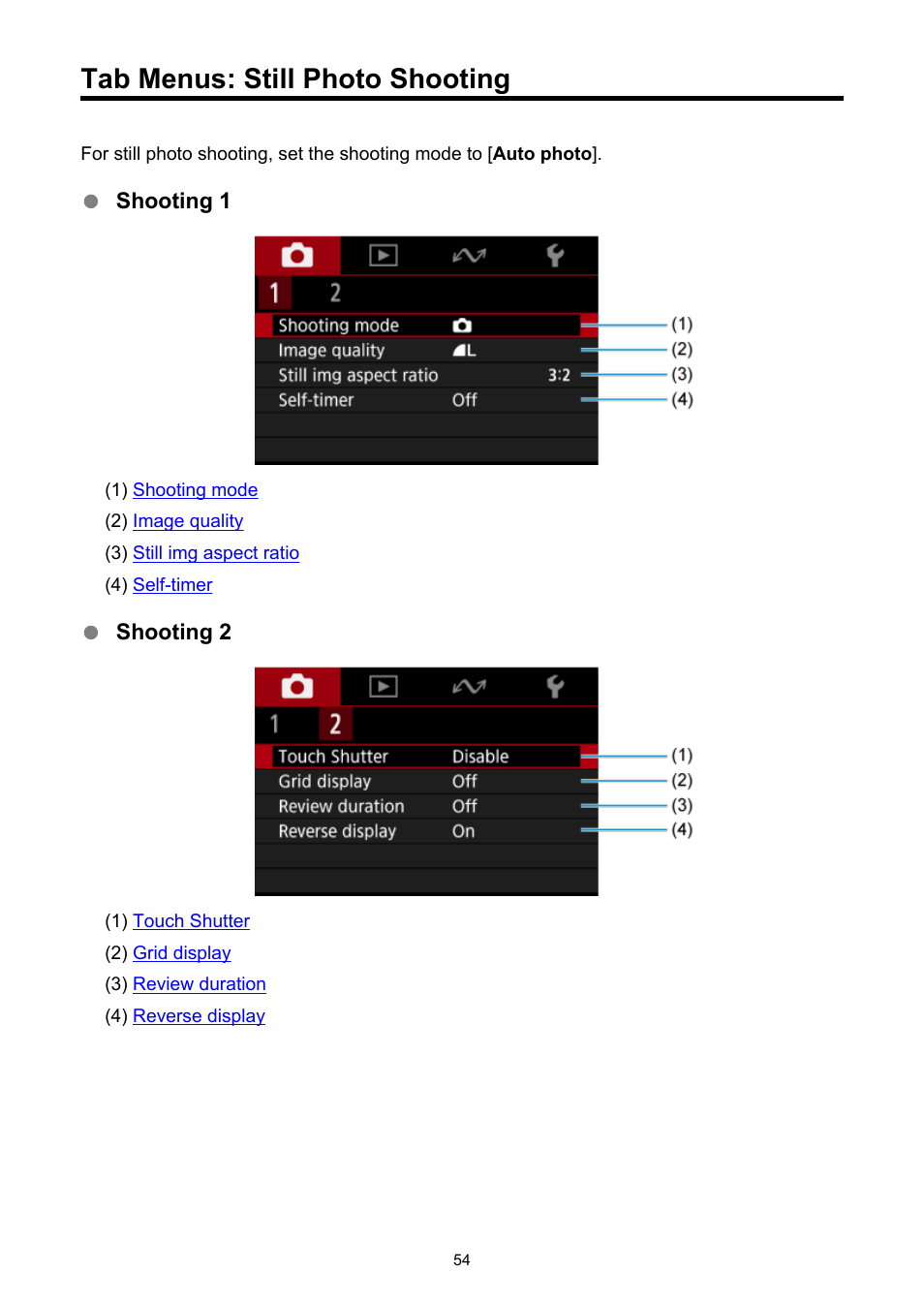 Tab menus: still photo shooting | Canon PowerShot V10 Vlog Camera (Black) User Manual | Page 54 / 288