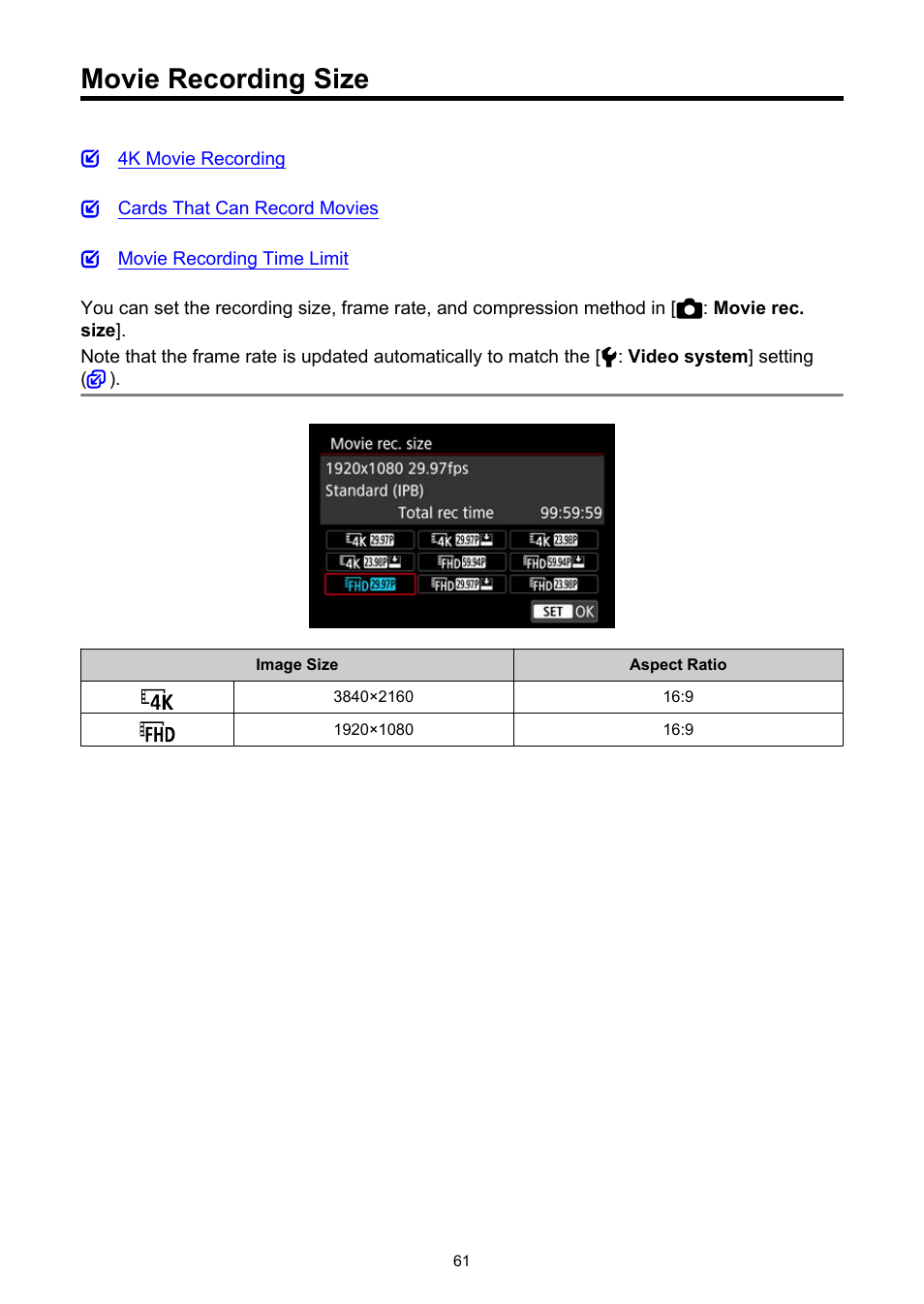 Movie recording size, Movie rec. size | Canon PowerShot V10 Vlog Camera (Black) User Manual | Page 61 / 288