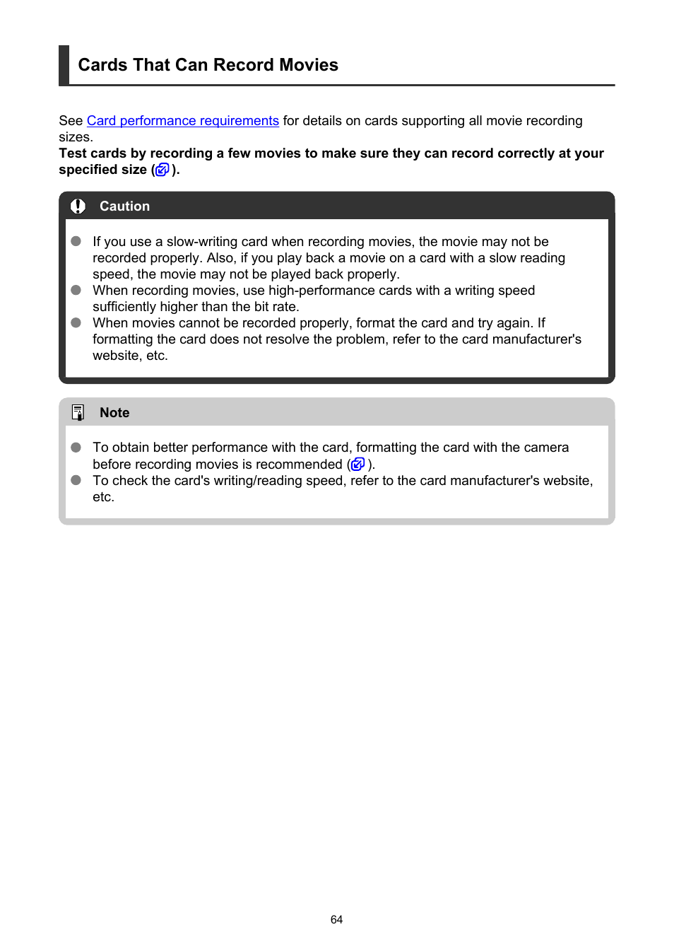 Reading speeds) for the movie recording quality, Cards that can record movies | Canon PowerShot V10 Vlog Camera (Black) User Manual | Page 64 / 288