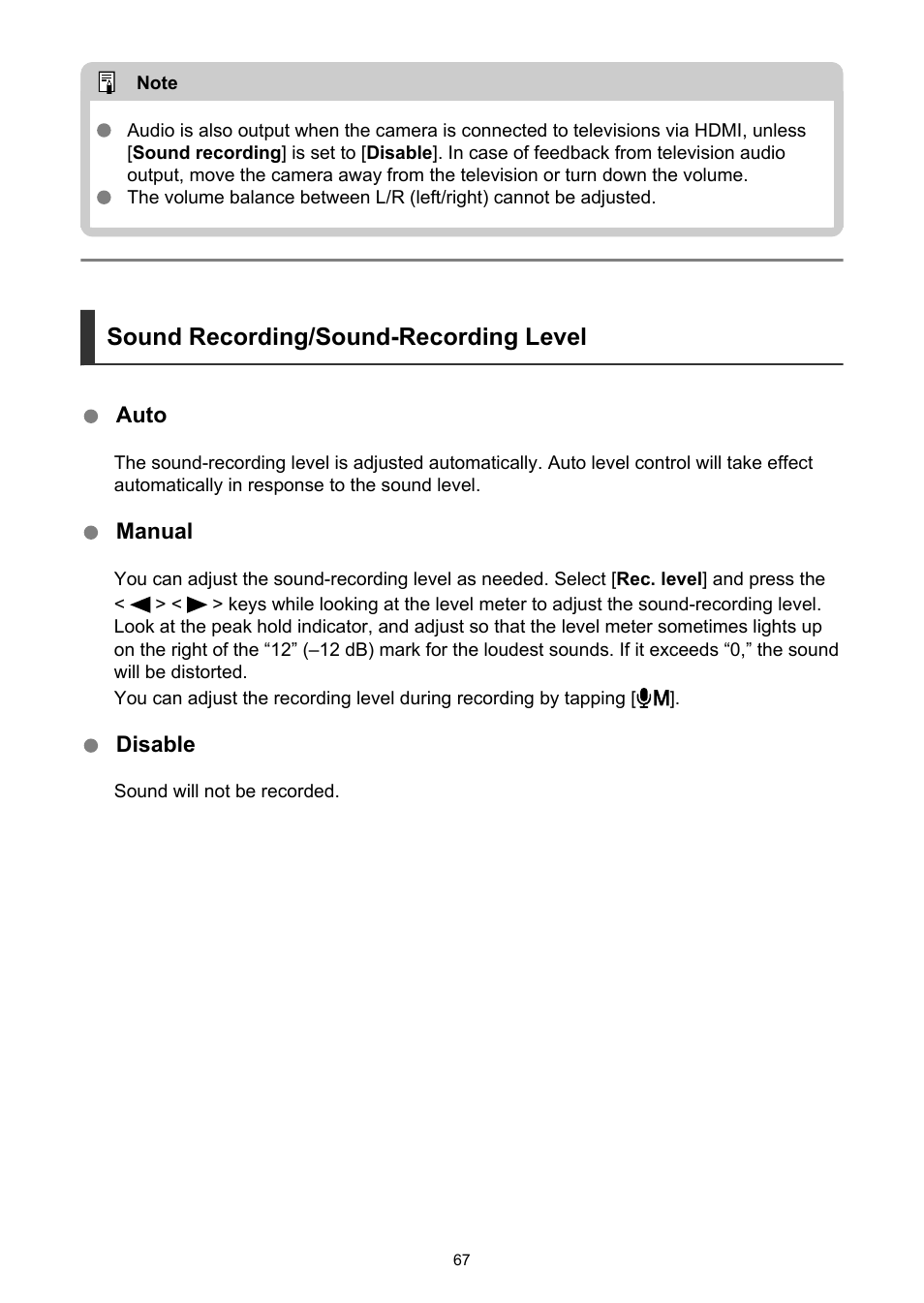 Sound recording/sound-recording level | Canon PowerShot V10 Vlog Camera (Black) User Manual | Page 67 / 288