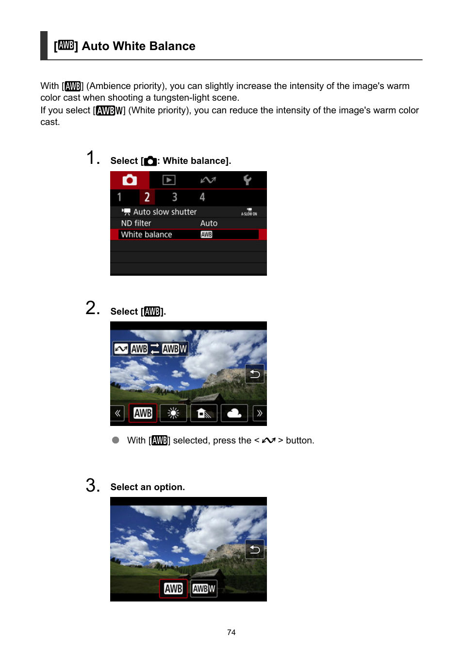 Auto white balance, Setting instructions, see, Auto (ambience priority) | Auto (white priority) | Canon PowerShot V10 Vlog Camera (Black) User Manual | Page 74 / 288