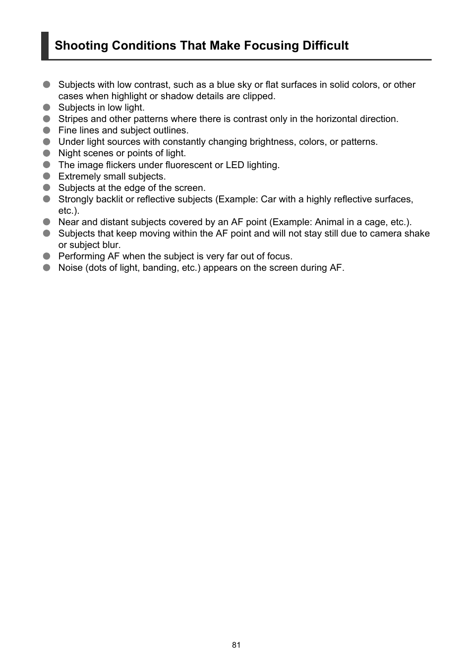 Shooting conditions that make focusing difficult | Canon PowerShot V10 Vlog Camera (Black) User Manual | Page 81 / 288