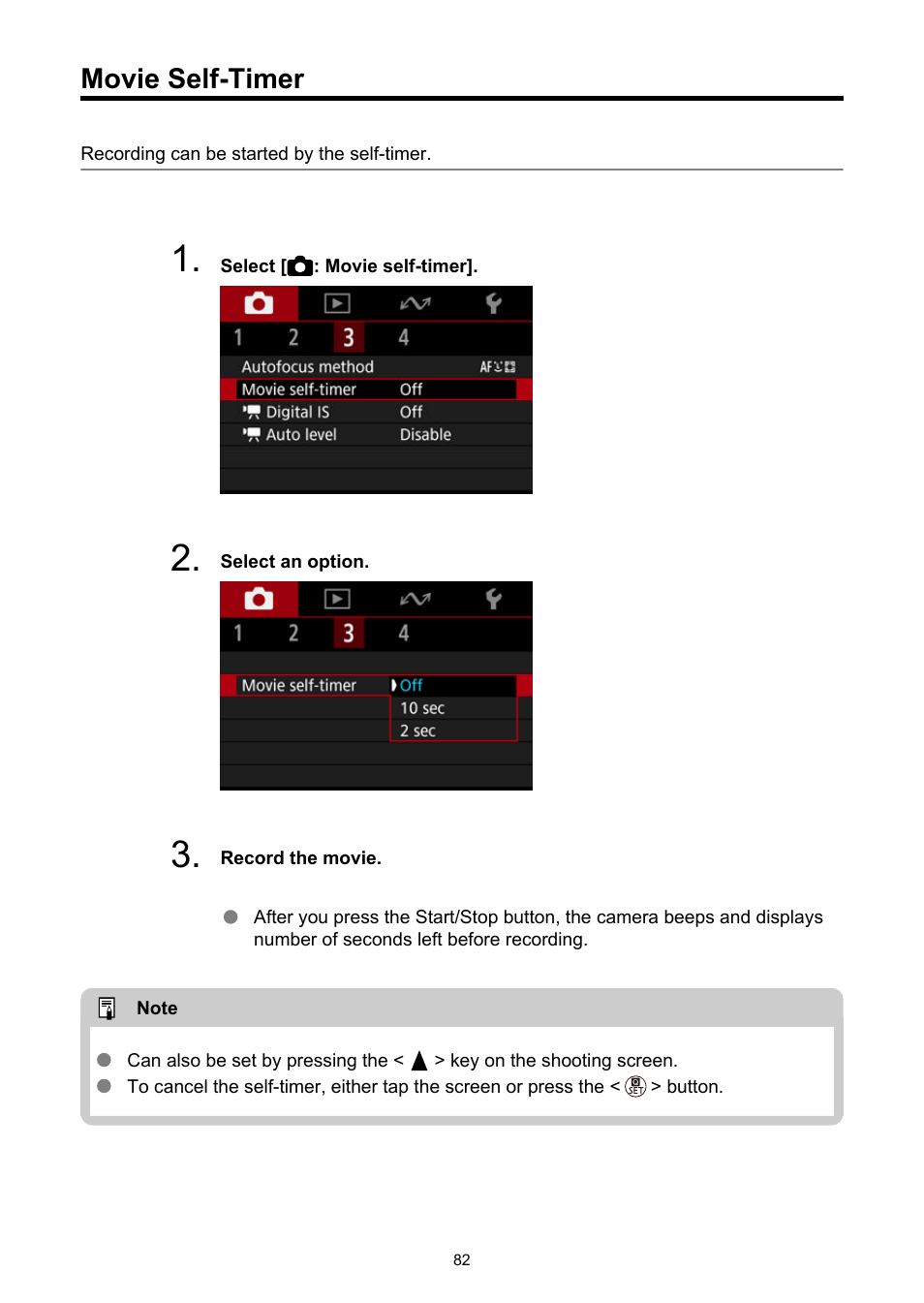 Movie self-timer, Self-timer | Canon PowerShot V10 Vlog Camera (Black) User Manual | Page 82 / 288