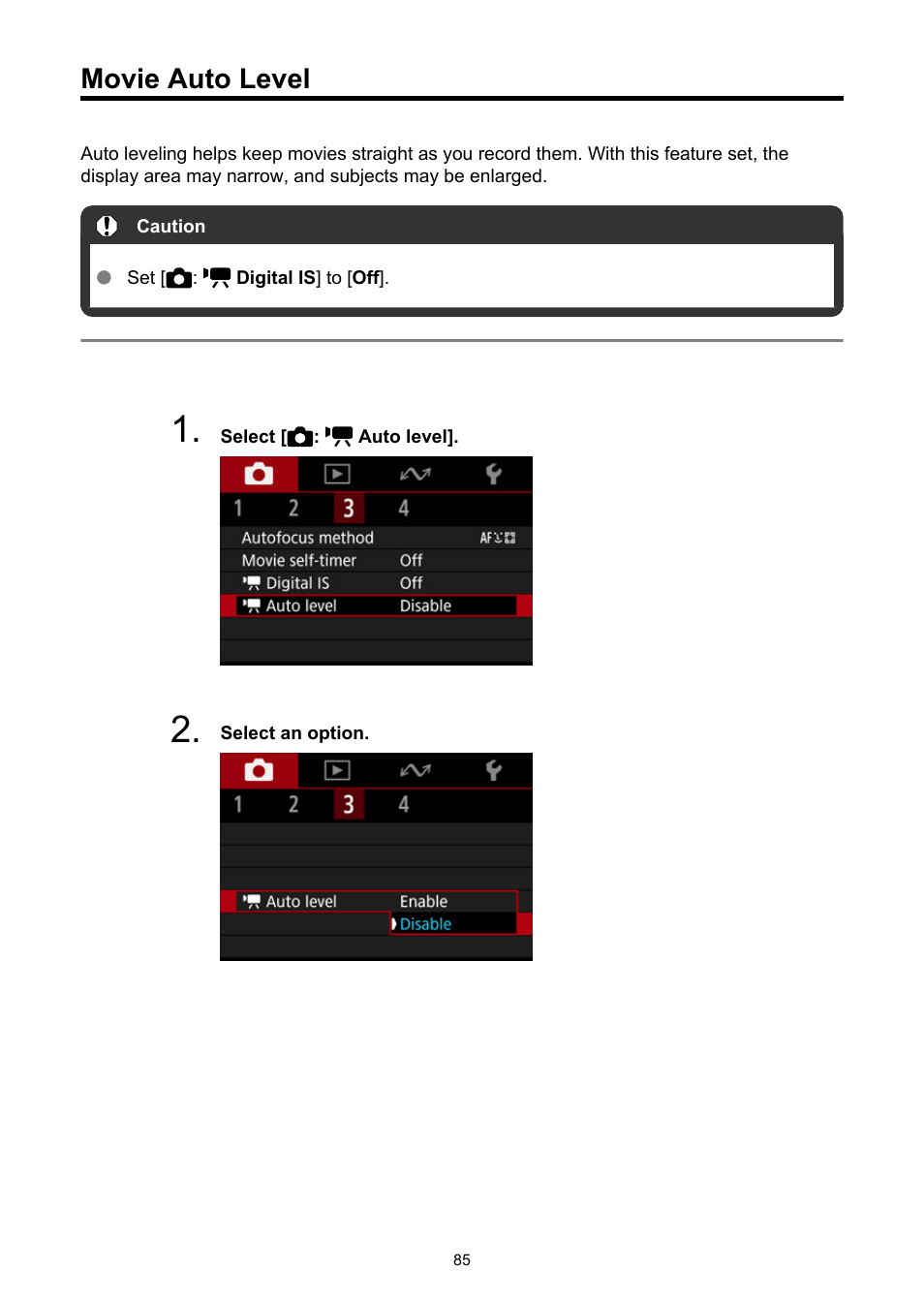 Movie auto level, Auto level | Canon PowerShot V10 Vlog Camera (Black) User Manual | Page 85 / 288