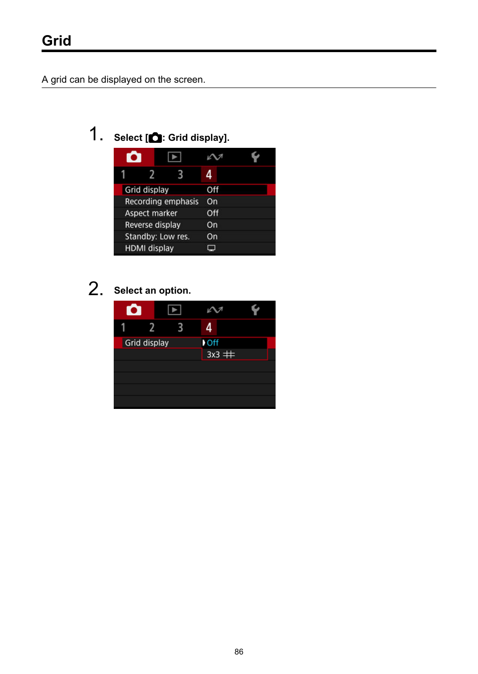Grid, Grid display | Canon PowerShot V10 Vlog Camera (Black) User Manual | Page 86 / 288