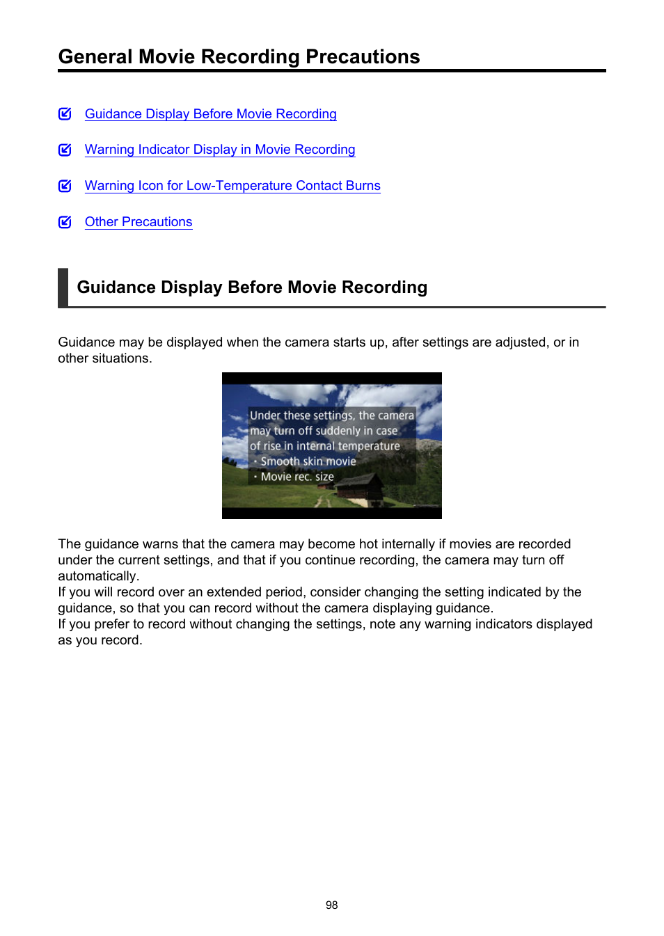 General movie recording precautions, Space, battery level, or high internal temperature, Via hdmi | Guidance display before movie recording | Canon PowerShot V10 Vlog Camera (Black) User Manual | Page 98 / 288