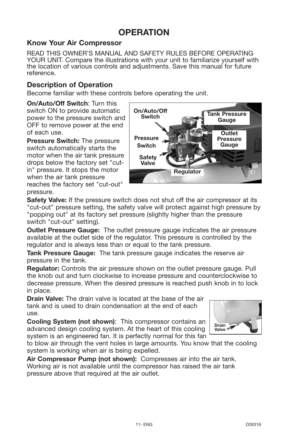 Operation, Know your air compressor, Description of operation | Delta 66-202 User Manual | Page 11 / 24