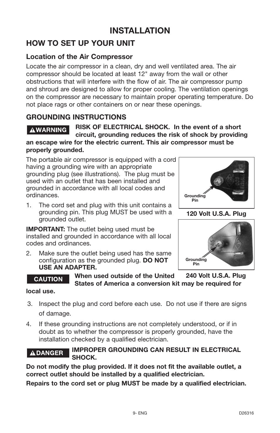 Installation, How to set up your unit, Location of the air compressor | Grounding instructions | Delta 66-202 User Manual | Page 9 / 24