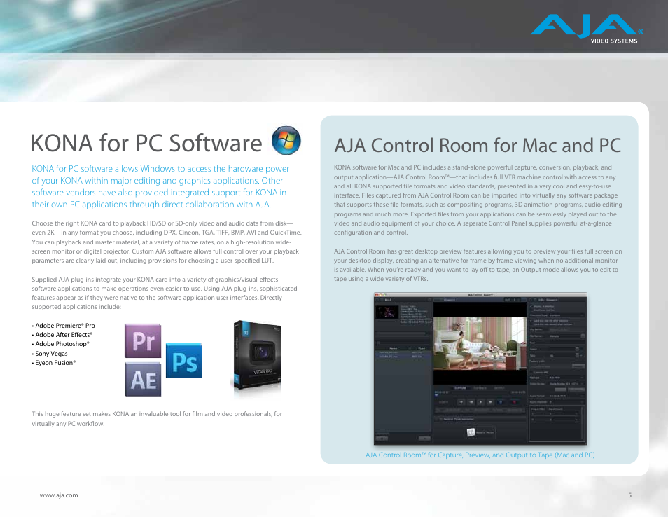 Kona for pc software, Aja control room for mac and pc | AJA KONA LHi Capture Card User Manual | Page 5 / 12