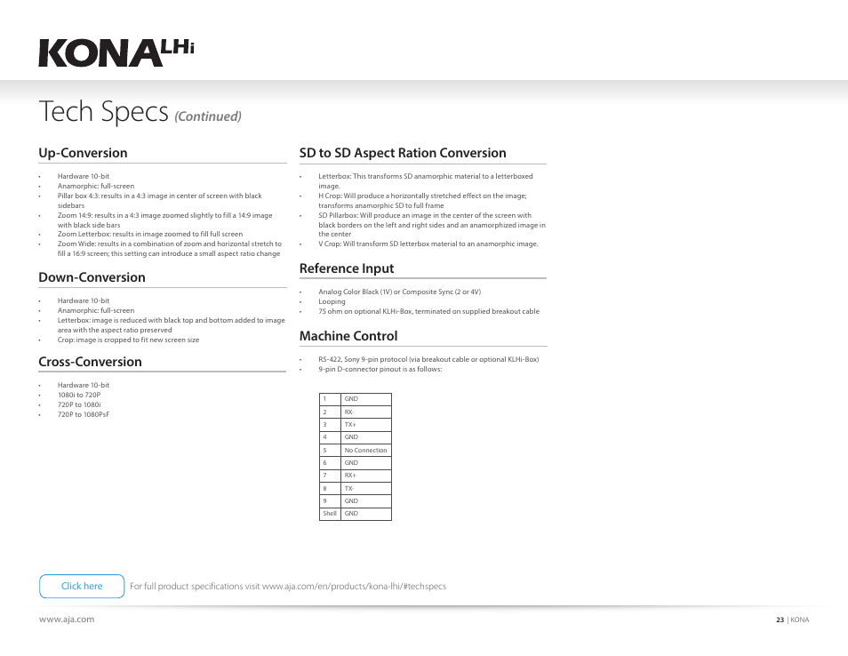 Tech specs, Machine control, Continued) reference input | Sd to sd aspect ration conversion, Up-conversion, Cross-conversion, Down-conversion | AJA KONA 4 PCI-E Video I/O Card (HDMI Output, Cable Included) User Manual | Page 23 / 29