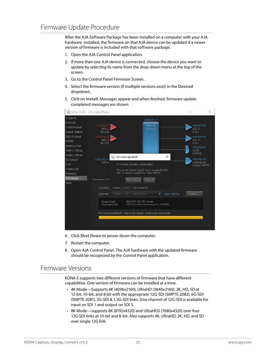 Firmware update procedure, Firmware versions, Firmware update procedure firmware versions | AJA KONA 4 PCI-E Video I/O Card (HDMI Output, Cable Included) User Manual | Page 25 / 94