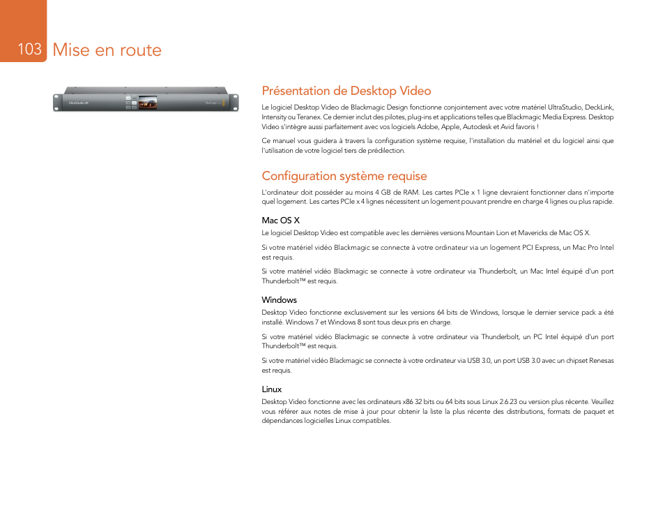 Mise en route, Présentation de desktop video, Configuration système requise | Blackmagic Design DeckLink Studio 4K Capture & Playback Card User Manual | Page 103 / 295