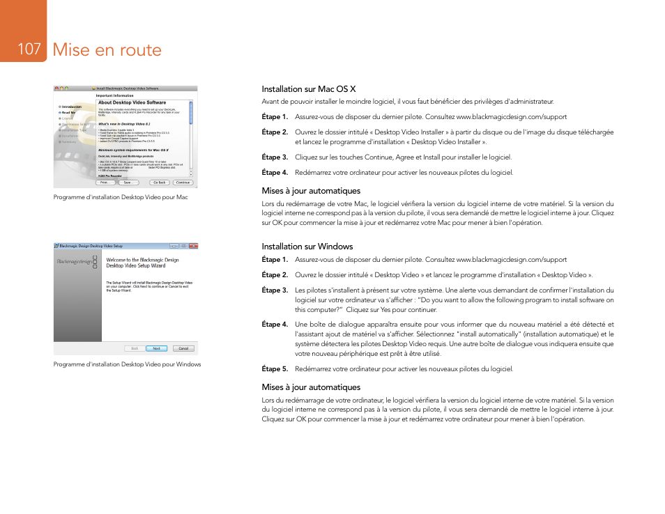 Installation sur mac os x, Installation sur windows, Mise en route | Blackmagic Design DeckLink Studio 4K Capture & Playback Card User Manual | Page 107 / 295