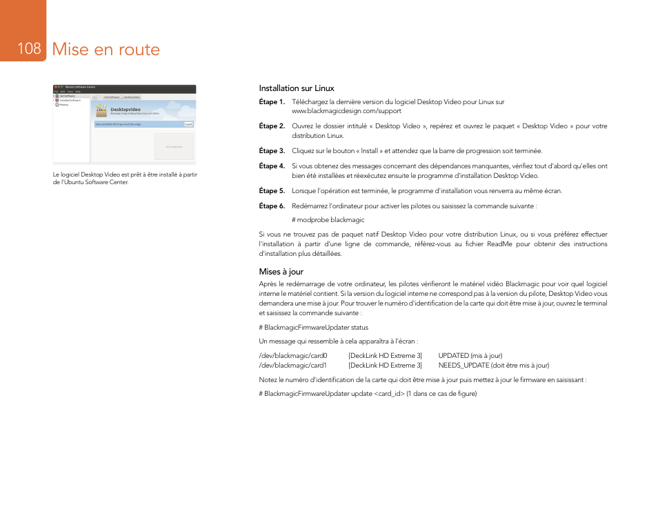 Installation sur linux, Mise en route | Blackmagic Design DeckLink Studio 4K Capture & Playback Card User Manual | Page 108 / 295