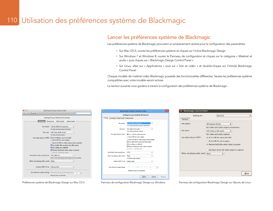 Utilisation des préférences système de blackmagic, Lancer les préférences système de blackmagic | Blackmagic Design DeckLink Studio 4K Capture & Playback Card User Manual | Page 110 / 295