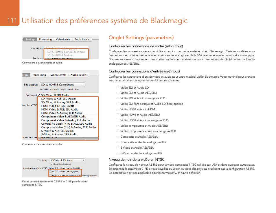 Onglet settings (paramètres), Utilisation des préférences système de blackmagic | Blackmagic Design DeckLink Studio 4K Capture & Playback Card User Manual | Page 111 / 295